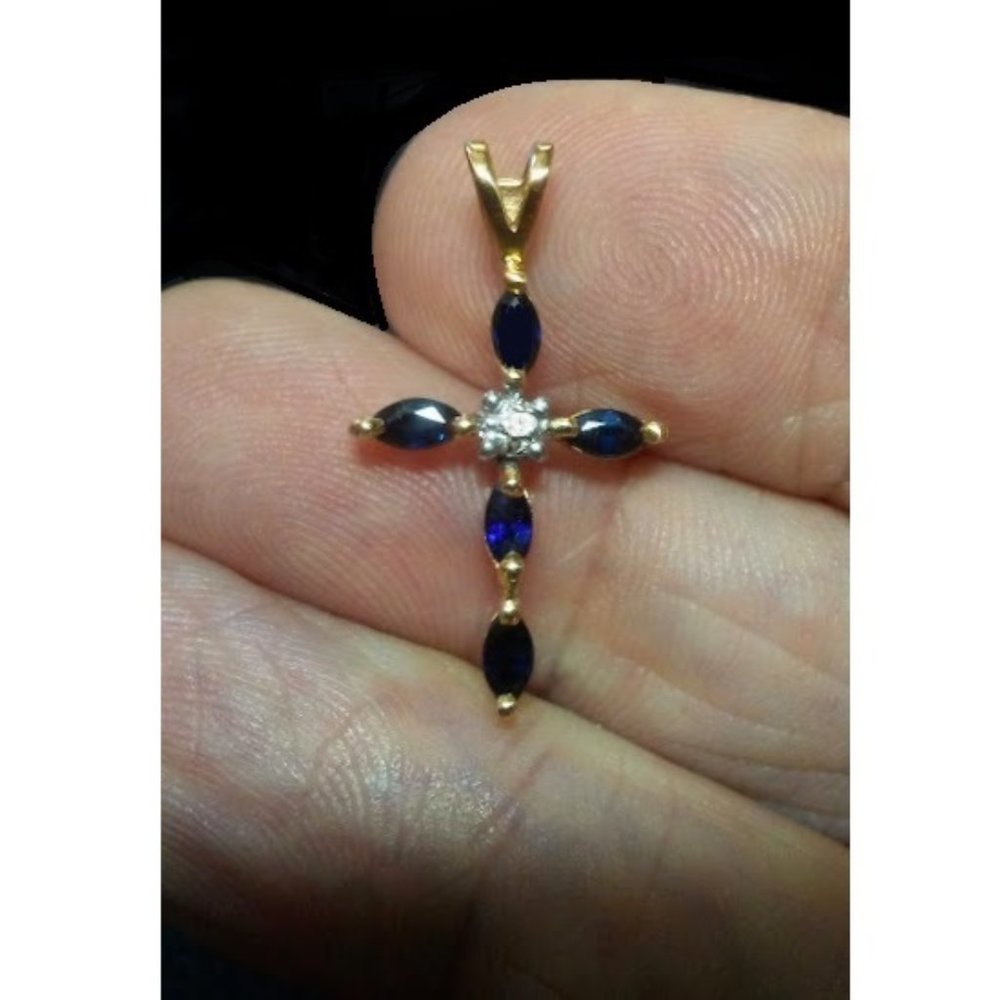 Solid 10K Yellow Gold Genuine Midnight Sapphires Cross Pendant 1"